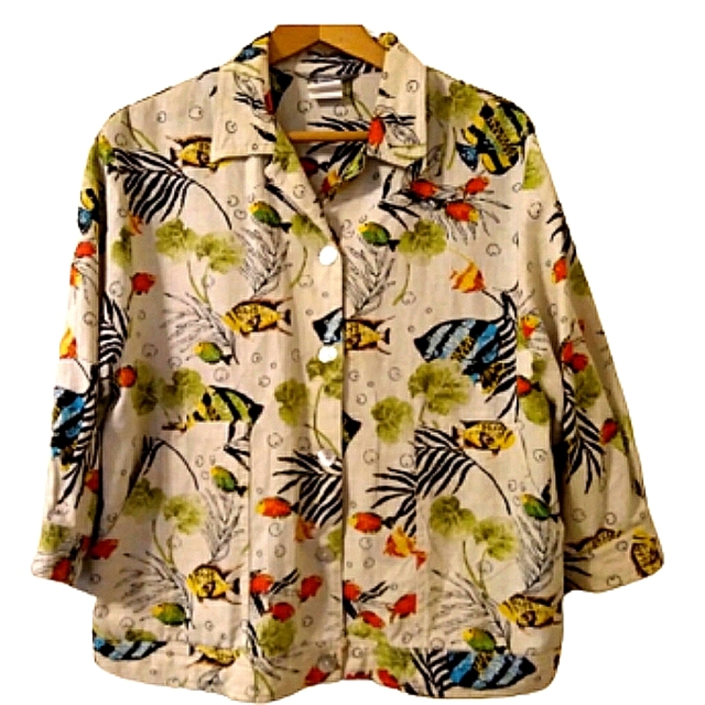 Vintage Stonebridge Fish Aquarium Print Linen Blend Top Jacket, Size Lar…
